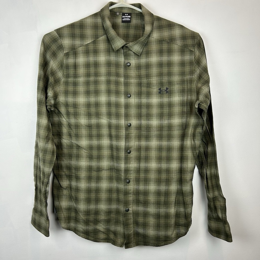 Under Armour Flannel Shirt Men XXL Snap Front Green Casual Shadow Plaid 2X Work